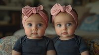 Adorable twin baby girls with blue eyes wearing matching pink bow headbands and navy bodysuits looking directly at camera with innocent expressions.