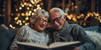 Senior Caucasian couple enjoying a book together on cozy sofa with Christmas lights glowing in background, creating warm holiday atmosphere.