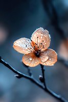 Delicate orange blossom with water drops on petals against moody blue background, macro photography showing intricate details and veins in translucent flower petals.