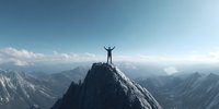 Silhouette of person with raised arms standing on mountain peak overlooking vast mountain range with valleys and distant peaks under clear blue sky.
