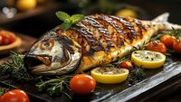 Grilled whole fish with golden crispy skin garnished with fresh herbs, lemon slices and cherry tomatoes on dark wooden board for gourmet seafood dining.