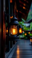 Vintage lantern with glowing Edison bulb mounted on wooden wall creates warm atmospheric lighting on dark porch, bokeh lights in background.