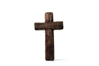 Rustic wooden cross on white background, symbolizing faith and spirituality for religious concepts, memorial designs, or church publications.