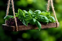 Fresh basil herb growing in rustic wooden hanging planter with rope against blurred green garden background, macro view of aromatic culinary herbs.