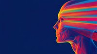 Vibrant multicolored profile silhouette of woman on dark blue background with radiating geometric lines creating dynamic modern art effect for technology and AI concepts.