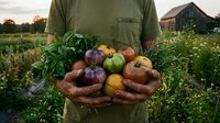 Farmer holding fresh organic heirloom tomatoes and herbs from garden harvest at sunset with barn and vegetable plots in rural countryside background.