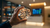 Hand holding glowing sphere with plant growth icon representing sustainable business innovation and environmental technology solutions in modern office.