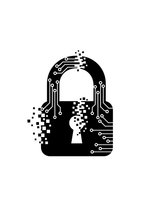 Digital padlock with circuit board patterns and pixelated elements representing cybersecurity, data protection and electronic security technology.