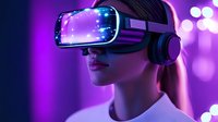 Young woman wearing VR headset in purple neon lighting exploring virtual reality technology for gaming and digital entertainment experiences.