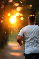 African American man in white t-shirt jogging at sunset with golden bokeh lights and sun flare creating atmospheric mood. Back view on park trail during evening workout.