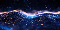 Abstract glowing wave of luminous particles against dark background with blue and gold bokeh lights creating magical flowing motion effect.