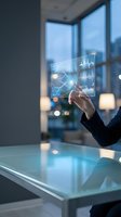 Businessman in dark suit interacting with holographic data analytics display showing financial charts and network connections in modern office with city skyline view.
