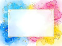 Colorful watercolor frame with blue pink yellow splashes and gift box doodles on white background for greeting cards invitations and festive designs.