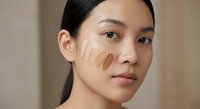Young Asian woman applying foundation makeup with finger strokes on cheek, natural beauty skincare routine, cosmetics testing concept for advertising.