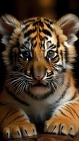 Close-up portrait of young tiger cub with bright blue eyes and distinctive striped fur pattern against dark background, showing innocent expression and whiskers.
