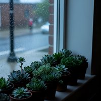 Succulent plants on windowsill with raindrops on glass creating cozy indoor atmosphere for home decor and gardening concepts.