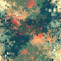 Abstract geometric pattern with scattered squares in muted green, coral, and beige tones creating a modern camouflage effect. Seamless repeat design for fabric and wallpaper.