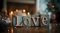 Rustic wooden LOVE letters with romantic candlelight bokeh background and holiday decorations create cozy atmosphere for Valentine's Day or wedding decor.