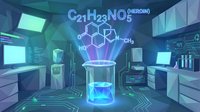 Futuristic laboratory with glowing heroin molecule formula and test tube in high-tech research facility with holographic displays and neon lighting effects.