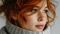 Young redhead woman with curly hair and green eyes wearing cozy knit sweater looking thoughtful in natural light for lifestyle and fashion content.
