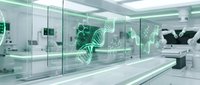 Modern laboratory interior with glass partitions displaying glowing DNA helix models and scientific equipment, representing genetic research and biotechnology innovation for medical and educational use.