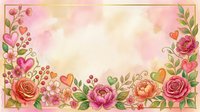 Young woman with fair skin and long blonde hair wearing a pink floral dress, surrounded by blooming roses and hearts, perfect for wedding invitations, greeting cards, and romantic design projects.