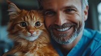 Mature bearded man in blue shirt smiling while holding ginger long-haired cat. Close-up portrait showing bond between pet owner and feline companion.