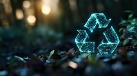Glowing blue recycling symbol with particle effect floating above dark ground with green plants, bokeh lights in background creates magical eco atmosphere.