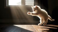 Fluffy ginger and white kitten playing in sunlight streaming through window, casting shadows on wooden floor indoors.