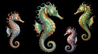 Four ornate seahorses with colorful swirling details, isolated on transparent background, ready for stickers, t-shirt design, print on demand, and sublimation crafts.