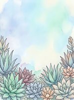 Watercolor succulent border with pastel green, pink and peach tones on soft blue background, copy space for text, cards and prints.