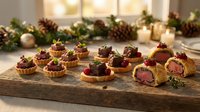 Elegant holiday appetizers with beef and cranberries on wooden board, festive Christmas party food spread with candles and pine cone decorations.