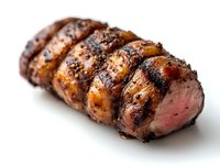 Juicy sliced pork tenderloin with pepper crust and caramelized glaze on white background, medium rare center showing pink meat, suitable for restaurant menus.