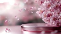 Pink cherry blossom flowers with falling petals above elegant round platform for product display, spring botanical background for cosmetics presentation.