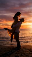 Romantic couple silhouette embracing on beach during golden sunset with dramatic colorful sky and ocean waves for love and relationship concepts.