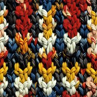 Colorful braided textile pattern with red, white, yellow and blue interwoven strands creating geometric design. Seamless repeat for fabric and surface patterns.