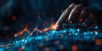 Futuristic financial chart with glowing line graph touched by finger, featuring orange and blue bokeh effects on dark background, perfect for business analytics visualization.