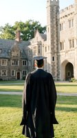 Graduate in cap and gown standing before historic university campus buildings during commencement ceremony celebration on sunny day.