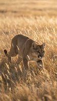 Mountain lion stalking through golden grassland during sunset with warm lighting creating dramatic wildlife scene for nature and conservation projects.