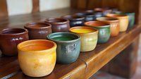 Colorful handmade ceramic bowls arranged on wooden shelf displaying various glazes and pottery techniques for home decor and kitchenware collection.