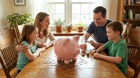 Happy family with children learning about money management and savings with pink piggy bank at home dining table.