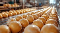 Fresh bread rolls lined up on wooden bakery shelves in commercial kitchen. Golden brown buns ready for serving in restaurant or cafe food preparation area.