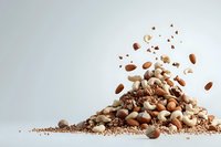 Mixed nuts and cocoa powder falling and creating heap on white background, dynamic food photography composition with floating elements.