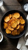 Golden roasted sweet potato slices seasoned with herbs in cast iron skillet on rustic wooden table with salt and spices for healthy cooking recipes.