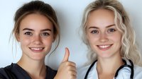 Young female medical professionals smiling at camera, brunette and blonde doctors wearing stethoscopes showing thumbs up gesture against white background.