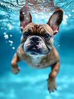 French bulldog swimming underwater with expressive face and big eyes against turquoise blue background with bubbles, captured in dynamic action shot.