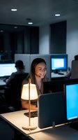 Smiling young Caucasian woman customer service representative working at computer with headset in modern office call center during evening shift.