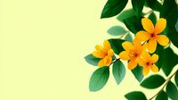 Vibrant yellow flowers with green leaves on light yellow background, soft focus botanical composition creates gentle spring mood for nature and garden designs.