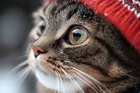 Adorable tabby cat wearing red knitted winter hat with close-up view of expressive amber eyes and whiskers for pet fashion and holiday greeting concepts.