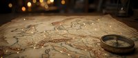 Vintage antique map with brass compass and glowing fairy lights on wooden table, evoking adventure, exploration, and travel discovery.